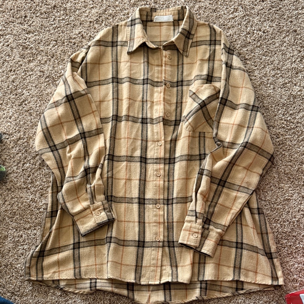 Carly Jean Oversized Plaid Beige flannel Shirt